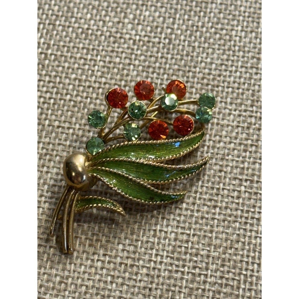 Vintage M.JENT Gold Tone Brooch Orange Green Rhinestones Green Enamel Floral
